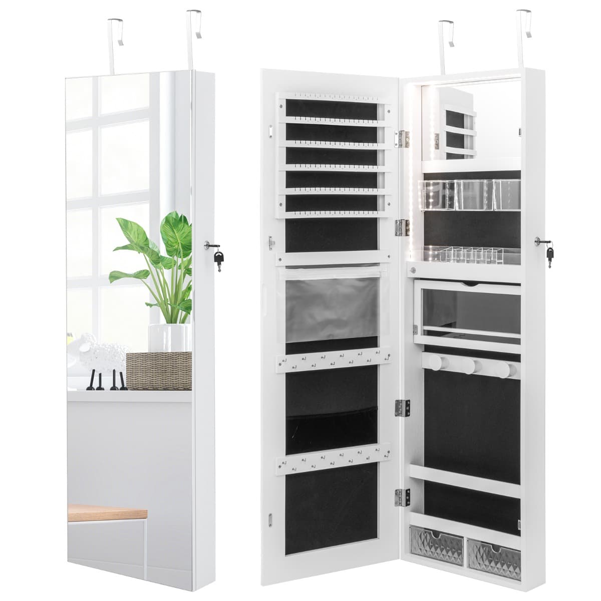 Armoire à Bijoux Murale avec Miroir Pleine Longueur Lumières LED 3 Couleurs Petit miroir intégré 2 F