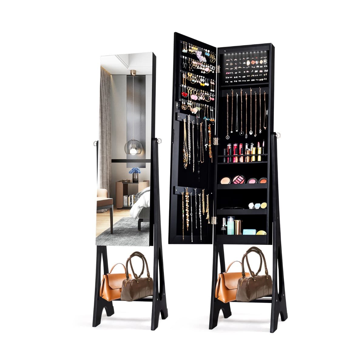 Armoire à Bijoux Sur Pied avec 12 LED Doublure Intérieure en Velours Doux Angle Réglable 36 x 33,5 x