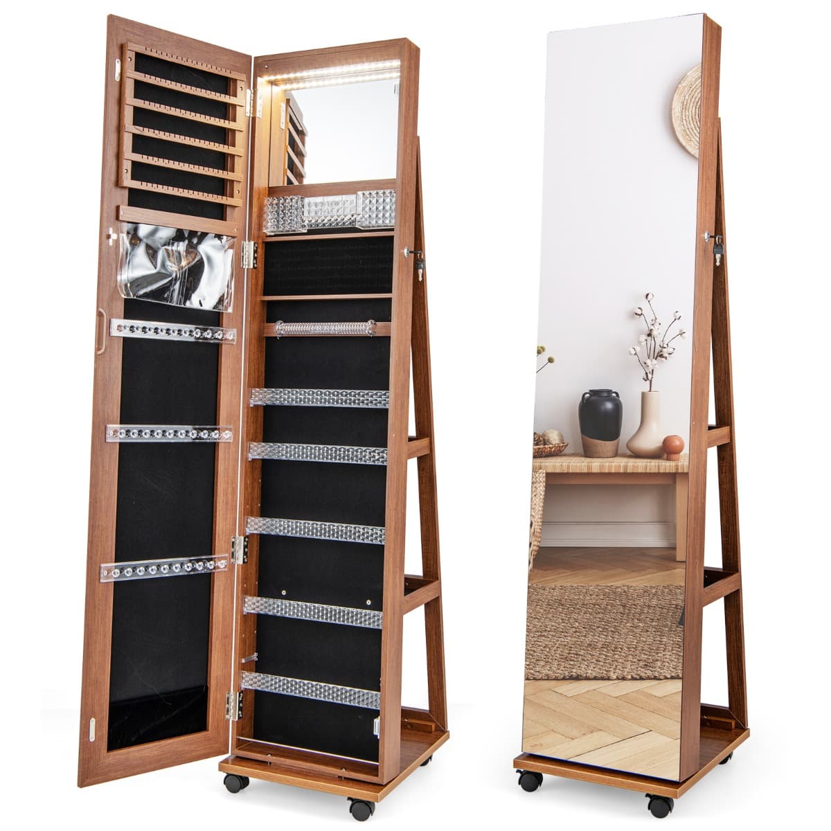 3 en 1 Armoire à Bijoux sur Roulettes Miroir Psyché sans Cadre Lumières LED Étagères Réglables Verro