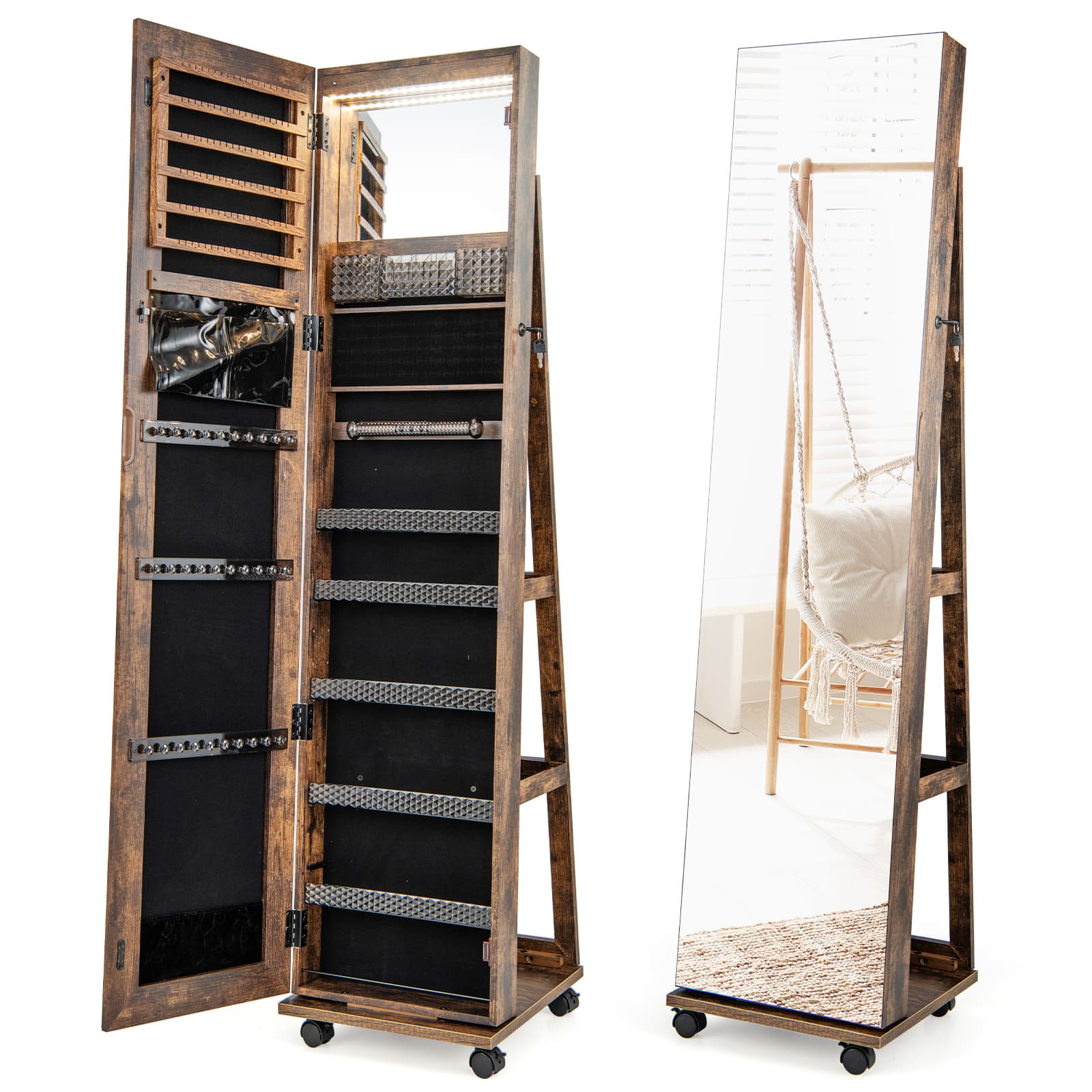 3 en 1 Armoire à Bijoux sur Roulettes Miroir Psyché sans Cadre Lumières LED Étagères Réglables Verro