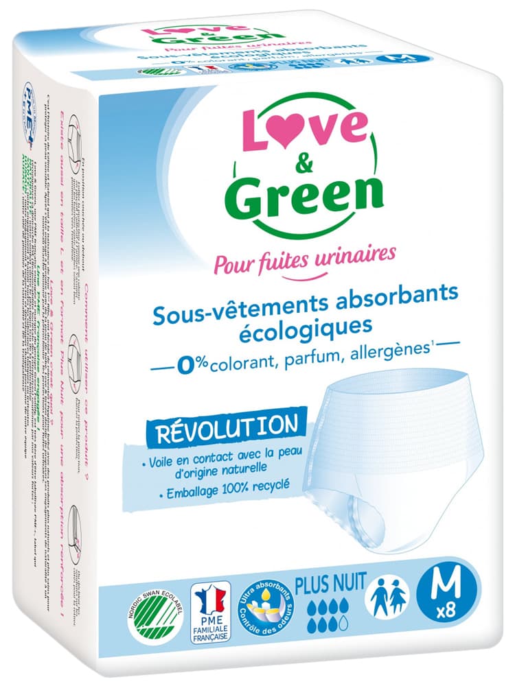 Love & Green Sous-Vêtements Absorbants Nuit Fuites Urinaires Fortes Adulte 8 Culottes - Taille : M