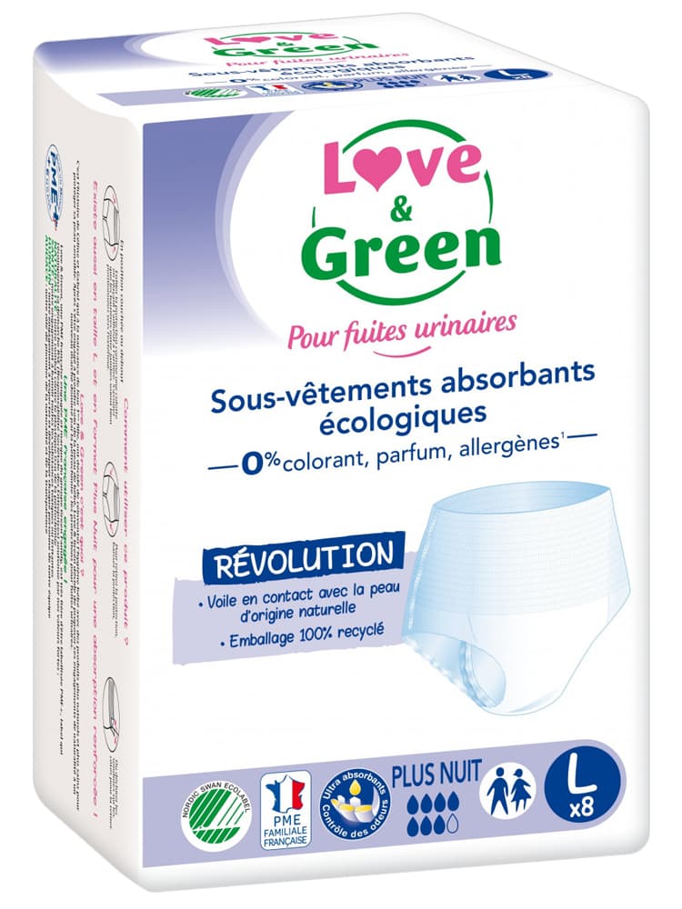 Love & Green Sous-Vêtements Absorbants Nuit Fuites Urinaires Fortes Adulte 8 Culottes - Taille : L