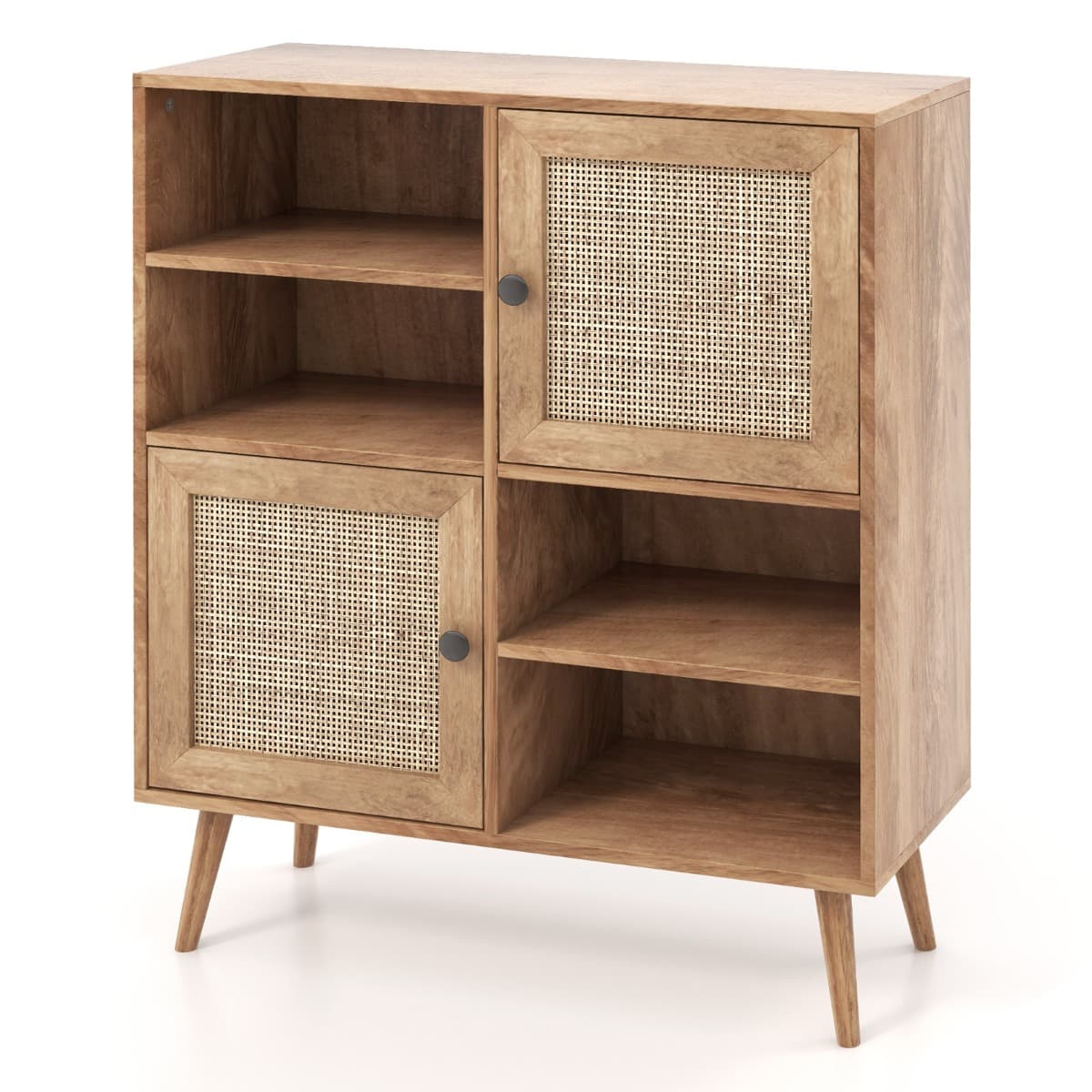 Buffet Cuisine Meuble de Rangement avec 2 Placards 4 Compartiments Porte Cannage Pieds en Bois Massi