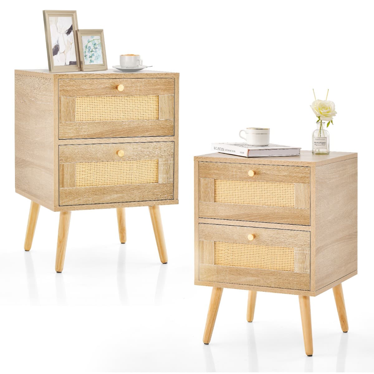 Lot de 2 Tables de Chevet en Rotin Table de Nuit Bohème avec 2 Tiroirs de Rangement Table D'appoint